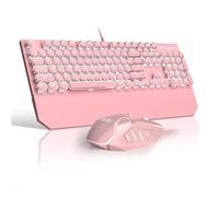Ensemble clavier et souris rétro rose de style machine à écrire, joli clavier mécanique filaire lumineux avec commutateurs linéaires rouges, taille complète pour jeux, travail, Mac, PC, Windows