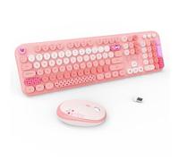 Ensemble clavier et souris sans fil, 104 touches rondes pleine taille, clavier et souris sans fil rose avec machine à écrire rétro pour PC/Mac/ordinateur portable/tablette/ordinateur/Windows Rose