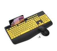 Ensemble clavier et souris sans fil - Clavier ergonomique à grande impression avec repose-poignet, support de téléphone, mode veille, ensemble clavier souris silencieux 2,4 GHz pour ordinateur,