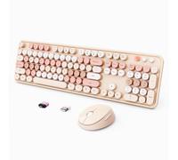 Ensemble clavier et souris sans fil, clavier ergonomique pleine taille pour machine à écrire, clavier rétro rond, compatible avec Windows, PC, parfait pour la maison et le bureau (couleur chocolat)