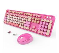 Ensemble clavier et souris sans fil, clavier ergonomique pleine taille pour machine à écrire, clavier rétro rond, compatible avec Windows, PC, parfait pour la maison et le bureau (rouge)