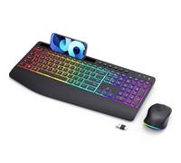 Ensemble clavier et souris sans fil - Double système de souris et clavier rétroéclairés RVB, rechargeable 2,4 G, design ergonomique silencieux avec support de téléphone pour Windows, Mac, PC,