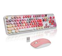 Ensemble clavier et souris sans fil - Jolies touches rondes, clavier de machine à écrire rétro avec 2,4 GHz Plug & Play, pour Windows 11/10/7, ordinateur portable, PC, Notebook, Smart TV (couleur