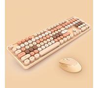 Ensemble clavier et souris sans fil pleine taille 2,4 G, clavier rond de style machine à écrire, couleurs bonbon mignonnes, compatible avec ordinateur portable, PC (104 touches, thé au lait)