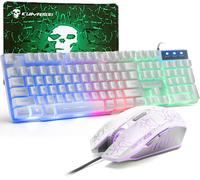 Ensemble Clavier Souris Gaming, QWERTY UK Layout Clavier Rétroéclairé Coloré LED Filaire Souris 4 Boutons 2400DPI Tapis de Souris, Compatible avec Windows, Mac OS, PS4, Xbox(Adaptateur Requis) Blanc