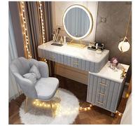 Ensemble coiffeuse à LED avec miroir de maquillage et tabourets, 5 tiroirs, bureau de maquillage avec rangement pour filles, coiffeuse et chaises Gris