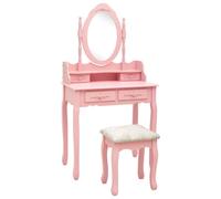Ensemble Coiffeuse Avec Tabouret, 4 Tiroirs, Miroir Incrusté, Bois De Paulownia Rose Rose