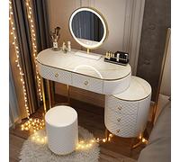 Ensemble coiffeuse d'angle blanche avec miroir rotatif à 360°, commode pour femme avec 5 à 6 tiroirs, bureau de maquillage élégant et banc confortable (100 cm)