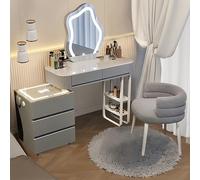 Ensemble coiffeuse de maquillage avec miroir, chargeur sans fil et 5 tiroirs - Commode de chambre moderne et coiffeuse avec tabouret