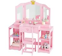 Ensemble Coiffeuse Enfant LALAHO avec 3 Miroirs Pliants, 3 Tiroirs et 4 Étagères - Design Couronne, Rose