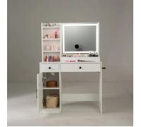 Ensemble Coiffeuse et Tabouret avec Miroir LED COSTWAY, Couleurs Réglables, Station de Charge, 2 Tiroirs, Espace de Rangement,Blanc