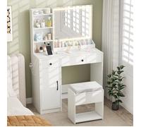 Ensemble Coiffeuse et Tabouret avec Miroir LED COSTWAY, Couleurs Réglables, Station de Charge, 2 Tiroirs, Espace de Rangement,Blanc