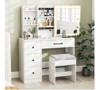 Ensemble Coiffeuse et Tabouret COSTWAY, Miroir à Couleur Luminosité Réglables, Station de Charge, 4 Tiroirs, Étagères de Rangement Multicolore