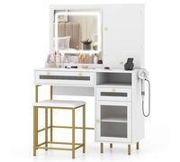 Ensemble Coiffeuse et Tabouret COSTWAY, Miroir LED à 3 Couleurs, Station de Charge, Armoire à Bijoux et 3 Tiroirs, Cadeau Idéal