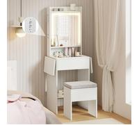Ensemble Coiffeuse et Tabouret COSTWAY Miroir, Lumières Réglable, Plateau en Verre, Station de Charge, Panneaux Rabattables, Tiroir Multicolore