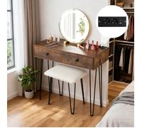 Ensemble Coiffeuse et Tabouret COSTWAY, Miroir Réglable Éclairé, Station de Charge Intégré, 2 Tiroirs, Pieds en Métal, Cadeau Idéal Multicolore