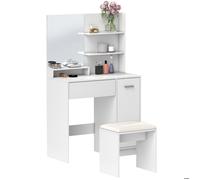 Ensemble coiffeuse - HOMCOM - avec miroir et tabouret, tiroir, armoire étagère réglable pour la chambre 80l x 40P x 132H cm, blanc