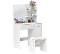 Ensemble coiffeuse miroir avec tabouret - porte, tiroir, 4 étagères, niche - blanc