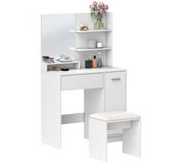 HOMCOM Ensemble Coiffeuse Table de Maquillage avec Miroir et Tabouret, tiroir, Armoire de Rangement et étagère réglable pour la Chambre à Coucher, 80l x 40P x 132H cm, Blanc
