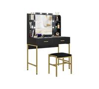 Ensemble coiffeuse miroir LED tabouret style art déco - 2 tiroirs, 4 étagères - acier doré bois noir