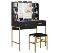 Ensemble coiffeuse miroir LED tabouret style art déco - 2 tiroirs, 4 étagères - acier doré bois noir