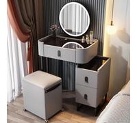 Ensemble coiffeuse moderne avec miroir, éclairage, tiroirs, tabouret de maquillage et armoire latérale, coiffeuse en bois massif avec plateau en verre (gris, 60 x 40 x 60 cm)