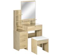 HOMCOM Ensemble de coiffeuse table de maquillage avec tabouret rembourré grand miroir + plusieurs étagères ouvertes + 4 tiroirs bois naturel