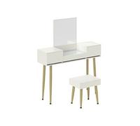 Ensemble coiffeuse tabouret coffre avec miroir design - 3 tiroirs, plateau verre trempé - métal doré blanc