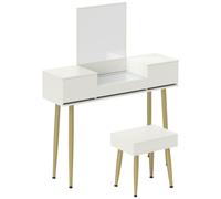 HOMCOM Coiffeuse avec Miroir et Tabouret, Table de Maquillage avec 3 tiroirs et Pieds en métal, Plateau en Verre trempé, Bureau Coiffeuse pour Chambre à Coucher, Blanc