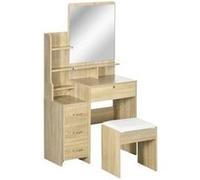 Ensemble coiffeuse tabouret design contemporain multi-rangement 4 tiroirs 4 étagères grand miroir aspect chêne clair blanc Beige G