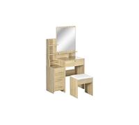 HomCom Ensemble coiffeuse avec tabouret – 4 tiroirs, 4 étagères, grand miroir, bois clair beige