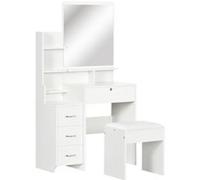 HomCom – Ensemble de coiffeuse table maquillage, tabouret rembourré, grand miroir, 4 tiroirs – blanc