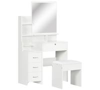 Ensemble coiffeuse tabouret design contemporain multi-rangement 4 tiroirs 4 étagères grand miroir blanc Blanc