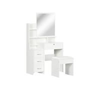 Ensemble coiffeuse tabouret design contemporain multi-rangement 4 tiroirs 4 étagères grand miroir blanc Blanc