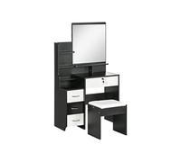 HOMCOM Ensemble de Coiffeuse Table de Maquillage avec Tabouret rembourré Grand Miroir + Plusieurs étagères Ouvertes + 4 tiroirs Blanc Noir