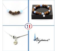 Ensemble collier-bracelet en perles d'aigue-marine + chaîne en bois d'acier inoxydable de 8 mm