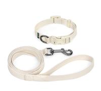 Ensemble Collier Chiot Réglable 25-40cm et 1.5M Laisse pour Petit Chien Chat Chaton Collier en Coton Doux Durable Laisse de Dressage à Dégagement Rapide pour Petits Chiens Chats, Large 2cm-Beige