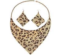 Ensemble collier écharpe et boucles d'oreilles imprimé léopard, bijoux bohème à paillettes triangulaires pour femme, accessoires de fête élégants et étincelants pour mariage, banquet, festival