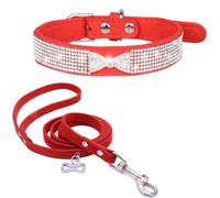 Ensemble collier et laisse à strass pour chien et chat avec nœud papillon et couronne en diamant réglable pour animaux de compagnie, chaton et chiot (ensemble rouge, taille M)