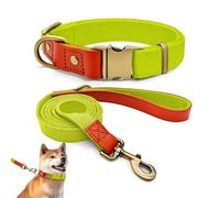 Ensemble Collier et Laisse Chien L 38-58cm, Nylon Cuir Jaune | Laisse 152cm, Boucle Métal Vintage, Attache 360°, Pour Grand Chien, Durable Promenade & Éducation
