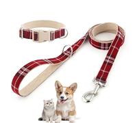 Ensemble collier et laisse en coton chanvre pour chien de petite, moyenne et grande taille, robuste et doux sur la peau (carreaux rouges, taille S)
