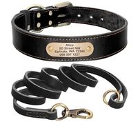 Ensemble collier et laisse en cuir véritable gravé sur mesure pour animal de compagnie - Collier et laisse de dressage pour chien - Pour pitbull, chihuahua, carlin, labrador, noir, S