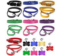 Ensemble collier et laisse en cuir vibrant pour chiot, chiens de petite, moyenne et grande taille avec plaque en forme d'os colorée gravée personnalisée (taille L (cou de 36 à 46 cm), vert)