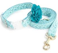 Ensemble Collier et Laisse en Dentelle for Chien, for Chiot Coton, for brodé à la Main avec Fleur(Blue,L)