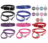Ensemble collier et laisse pour chien en cuir vibrant pour chiot, chiens de petite, moyenne et grande taille avec médaille ronde gravée personnalisée en forme d'os à paillettes (taille S (cou de 27 cm