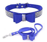Ensemble Collier et Laisse pour Petit Chien Chiot et Chat Chaton avec Nœud Papillon Paillette Strass Luxe Diamant Cristal Princesse Fantaisie - Bleu foncé S