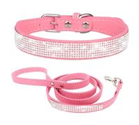 Ensemble Collier et Laisse pour Petit Chien Chiot et Chat Chaton avec Paillette Strass Luxe Diamant Cristal Princesse Fantaisie - Rose XXL