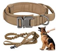 Ensemble collier et laisse tactique pour chien réglable en nylon militaire avec poignée de contrôle, boucle en métal robuste et laisse élastique pour dressage de chien (taille XL, kaki)