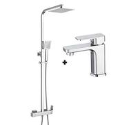 Ensemble colonne de douche monocommande qui plus robinet de lavabo CHE Tuyau extensible extra-plat réglable en hauteur de 73 à 122 cm. Chrome brillant