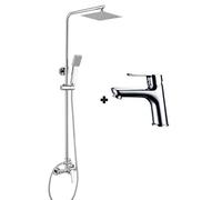 Ensemble colonne de douche monocommande SIO + robinet de lavabo SIO. Tuyau extensible réglable en hauteur de 80 à 120 cm. Chrome brillant